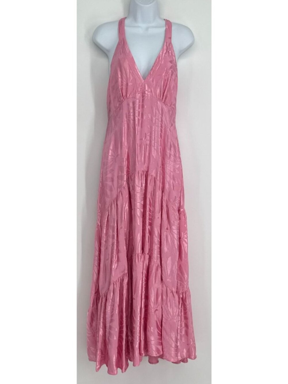 Farm Rio Anthropologie M Pink Jacquard V-Neck Tiered Floral Maxi Dress Fairy